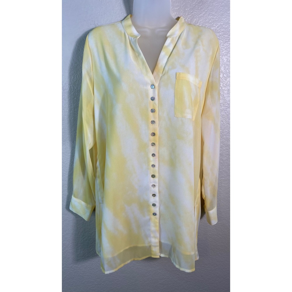Soft Surroundings Womens Petite Medium Tunic Top Yellow Tie Dye Button Front